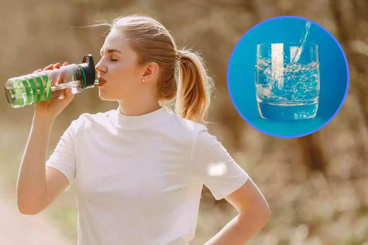 Muntatge d´una noia bevent aigua fent exercici al costat de la imatge d´un vos ple d´aigua