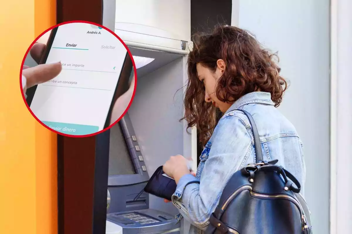 Muntatge amb una noia en un caixer automàtic amb la cartera a la mà i una pantalla de mòbil amb Bizum