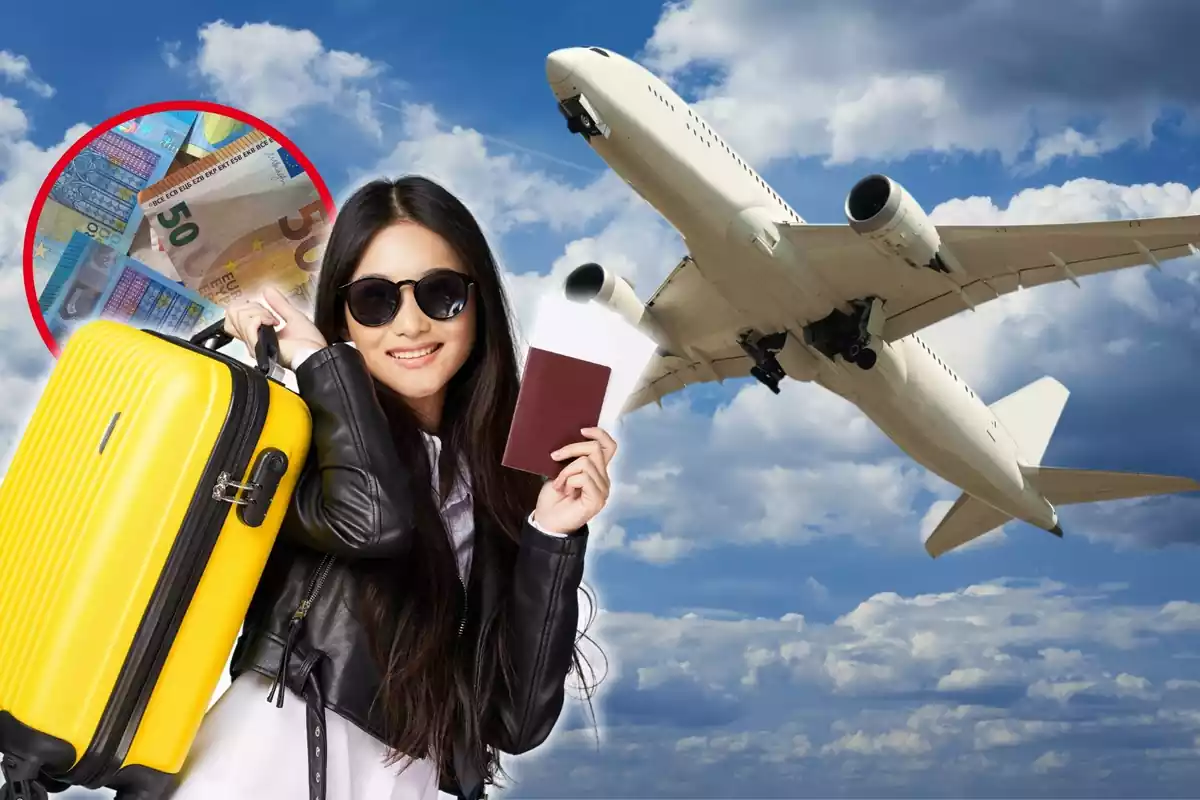Muntatge de fotos d'un avió sobrevolant el cel i al costat una persona subjectant un passaport