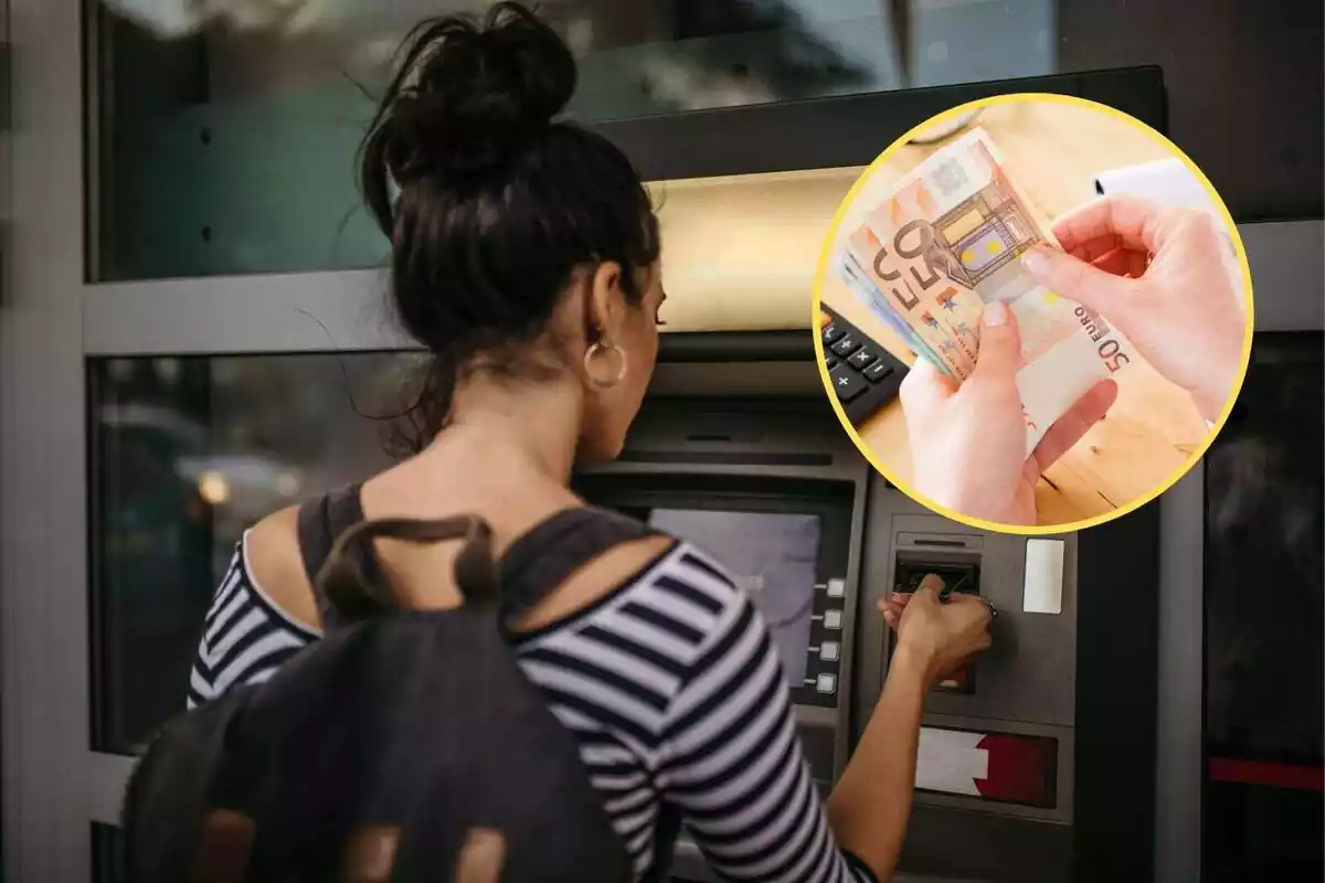 Muntatge d'una noia traient bitllets d'un caixer automàtic al costat d'una imatge de bitllets