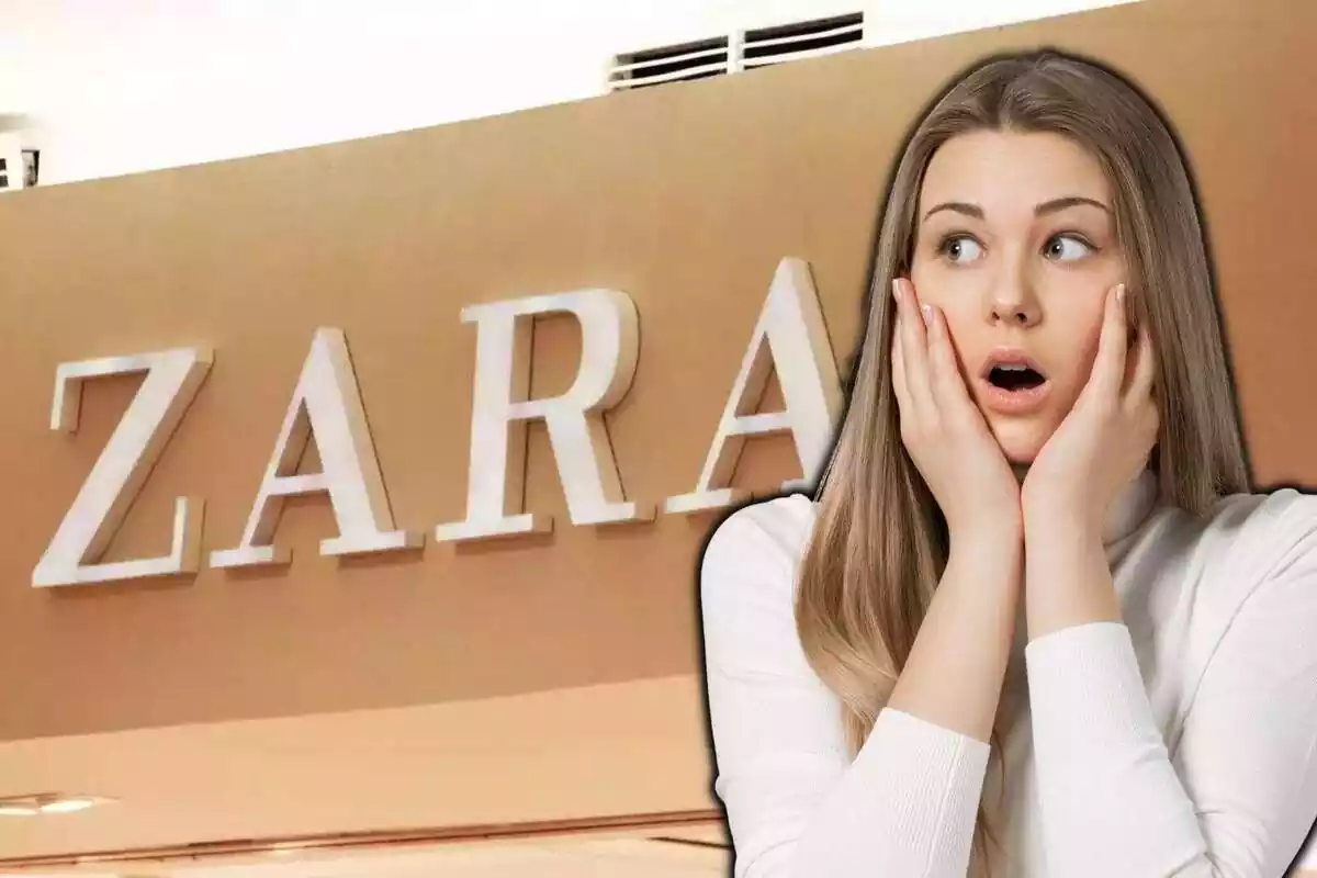 Muntatge d´una noia sorpresa al costat de la imatge de l´entrada d´una botiga de roba de Zara