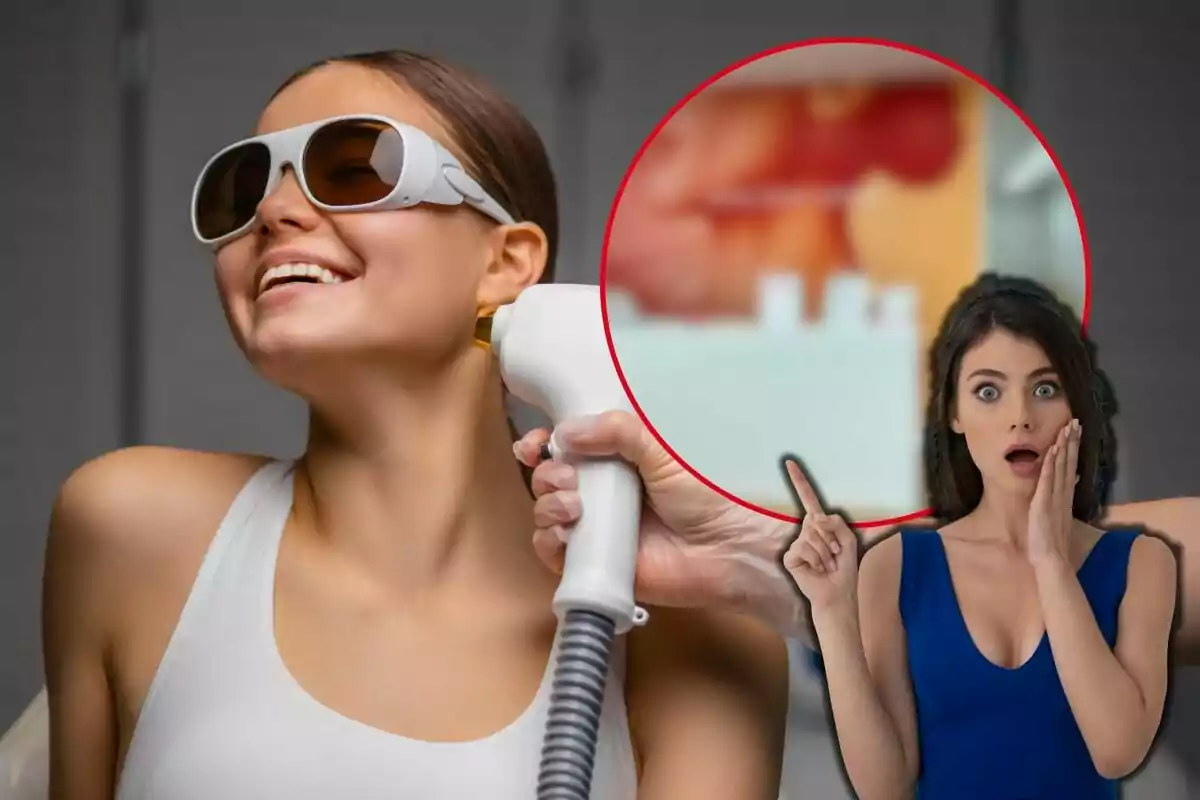 Una mujer sonriente con gafas protectoras recibe un tratamiento con láser en el cuello mientras otra mujer parece sorprendida y señala hacia el procedimiento.