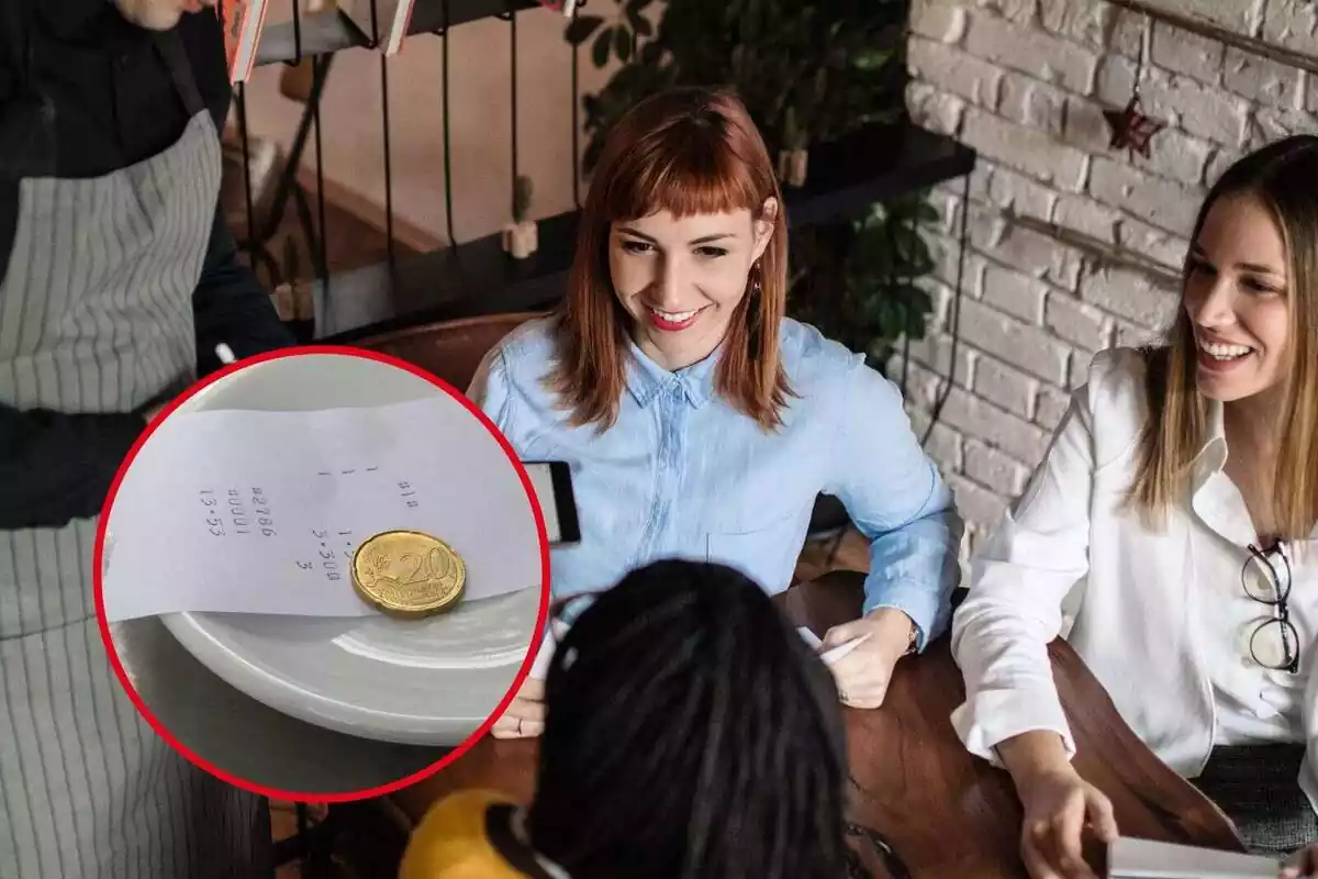 Muntatge d'unes noies demanant alguna cosa a un restaurant i la imatge d'una moneda de 20 cèntims com a propina