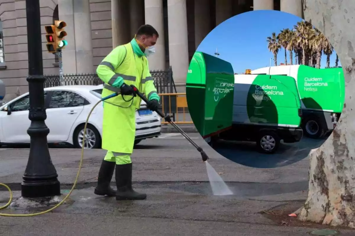 Muntatge amb un noi netejant el carrer amb mànega i camions cisterna d'aigua de Barcelona