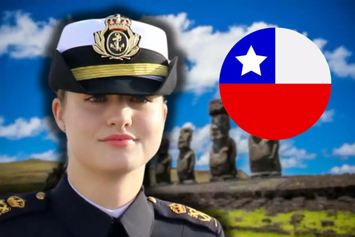 La princesa Leonor con uniforme militar y gorra de la marina aparece en primer plano, con un fondo de estatuas moai y el cielo azul, junto a un emblema circular de la bandera de Chile.