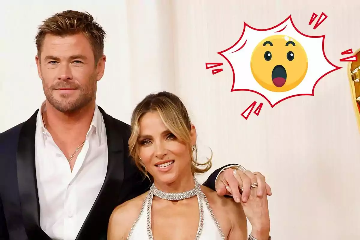 Chris Hemsworth y Elsa Pataky posando juntos en un evento formal con un emoji sorprendido en la esquina superior derecha.