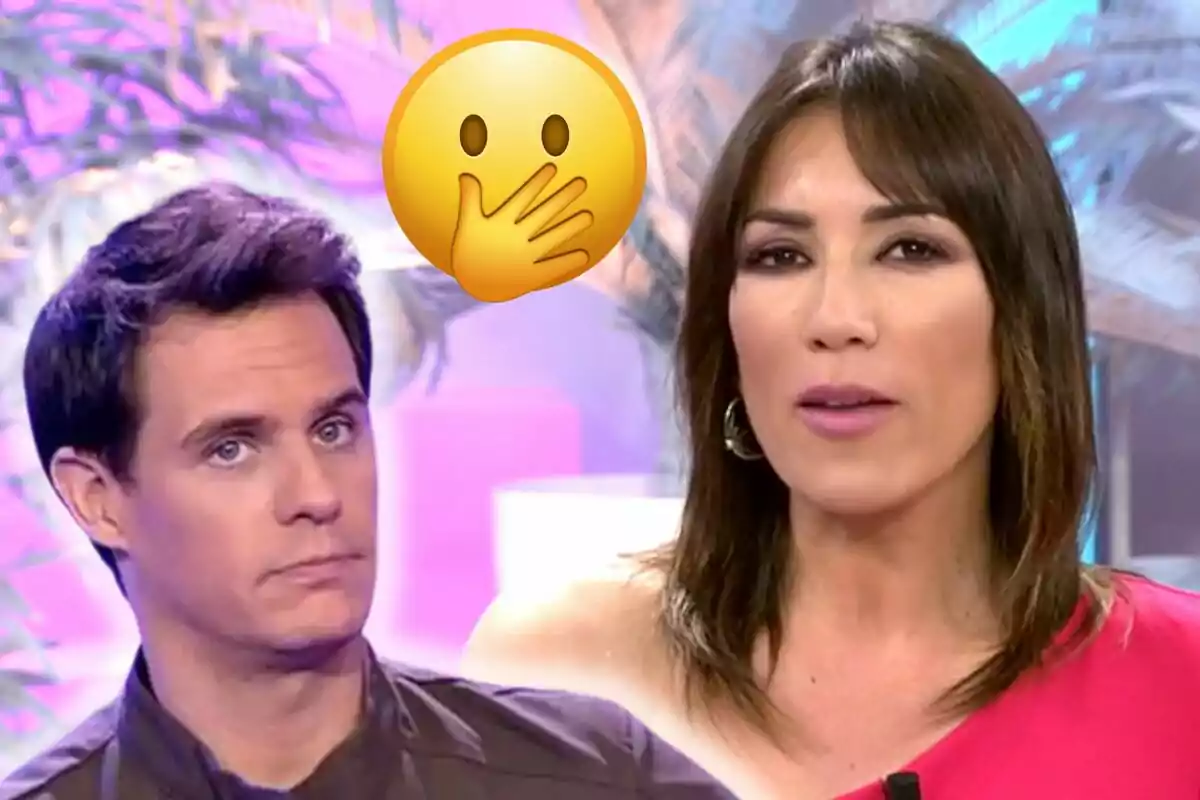 Christian Gálvez i Patricia Pardo en un programa de televisió amb un emoji de sorpresa flotant entre elles.