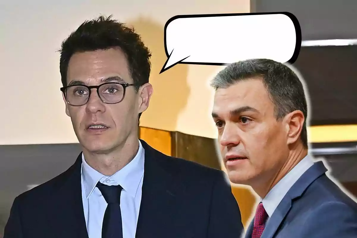 Christian Gálvez i Pedro Sánchez en vestit, un amb un globus de diàleg buit.