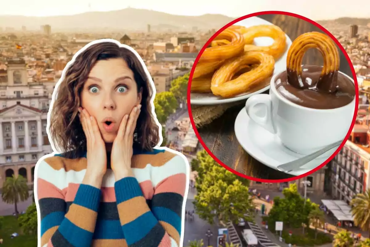 Una mujer sorprendida con las manos en las mejillas sobre un fondo de ciudad y un círculo que muestra churros con chocolate.