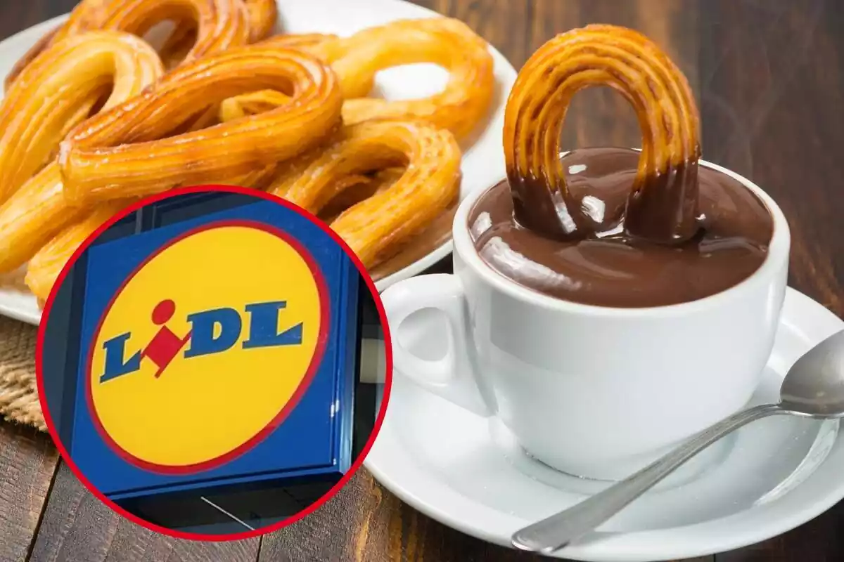 Muntatge amb un plat amb xurros i una tassa de xocolata calenta de fons i un cercle amb el logotip de Lidl