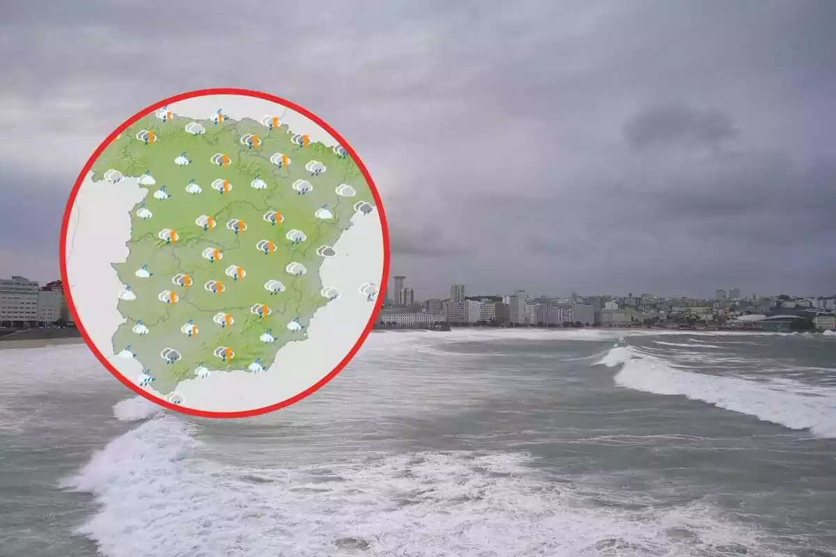 Muntatge amb un mar molt alterat, cel molt ennuvolat i un mapa de previsió de pluja