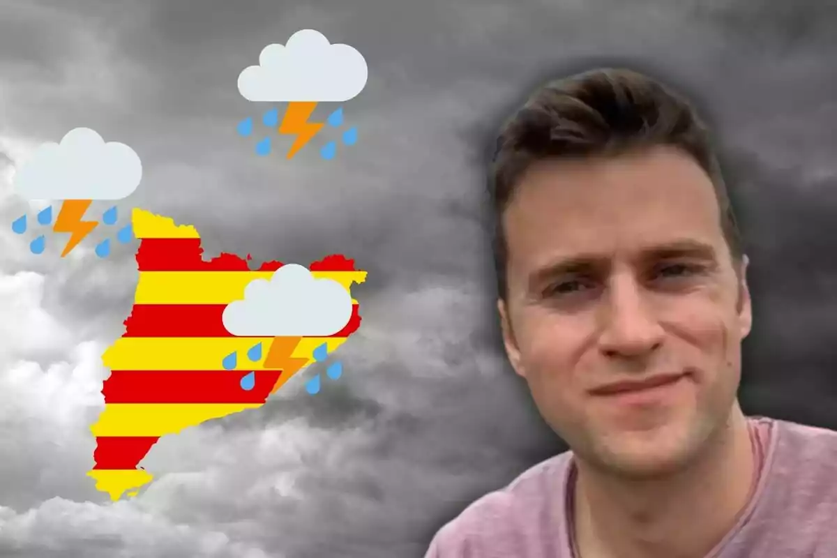 Home jove amb samarreta rosa sobre un fons de núvols grisos al costat d’un mapa de Catalunya amb icones de tempesta i pluja Home jove amb samarreta rosa sobre un fons de núvols grisos al costat d’un mapa de Catalunya amb icones de tempesta i pluja