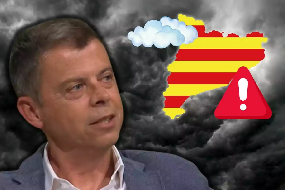 Francesc Mauri amb un fons de núvols foscos i una silueta de Catalunya amb franges grogues i vermelles, acompanyada d’una icona d’advertència i un núvol blanc