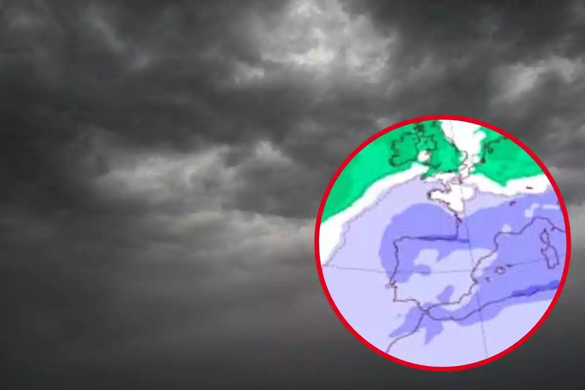 Muntatge amb un cel gris i ennuvolat i un cercle amb el mapa d'anomalies a les precipitacions de l'AEMET