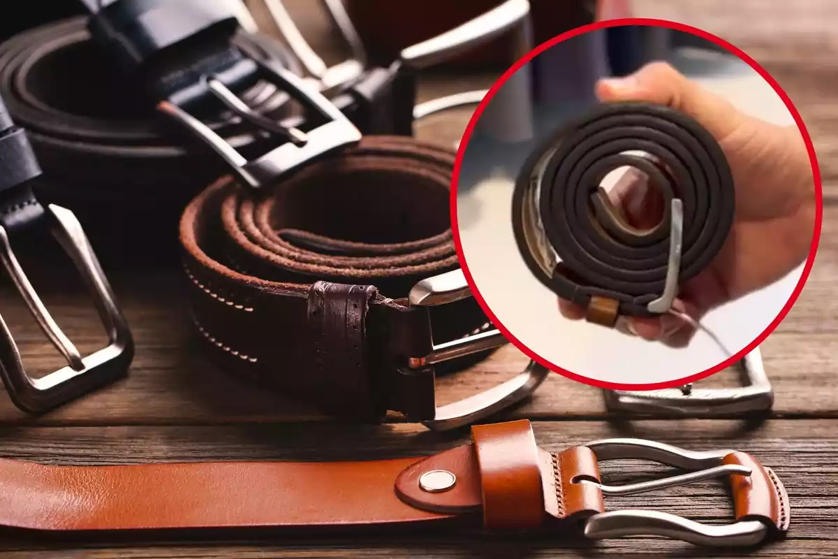 Muntatge amb diversos cinturons de tons marrons i un cercle amb una mà subjectant un cinturó enrotllat