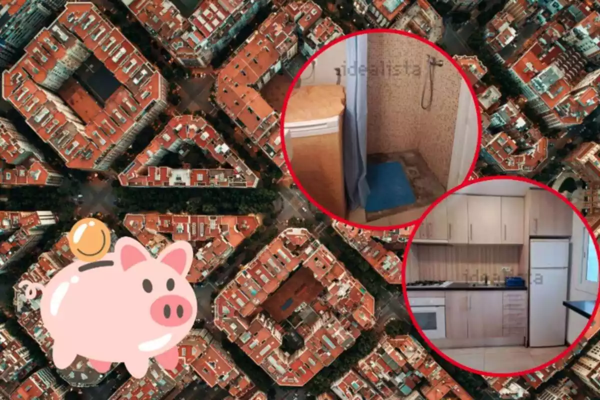 Muntatge amb la ciutat de Barcelona des de l´aire, imatges d´un pis des de dins i una guardiola d´un porc