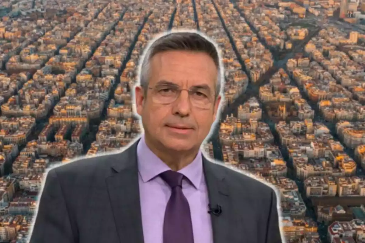Muntatge de la ciutat de Barcelona des de l'aire i Ramon Pellicer seriós en vestit gris i corbata morada