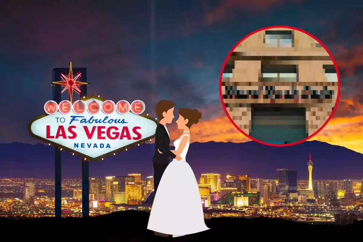 Muntatge amb la ciutat de Las Vegas i el seu cartell, una parella el dia del casament i la façana de Hard Rock Barcelona pixelada