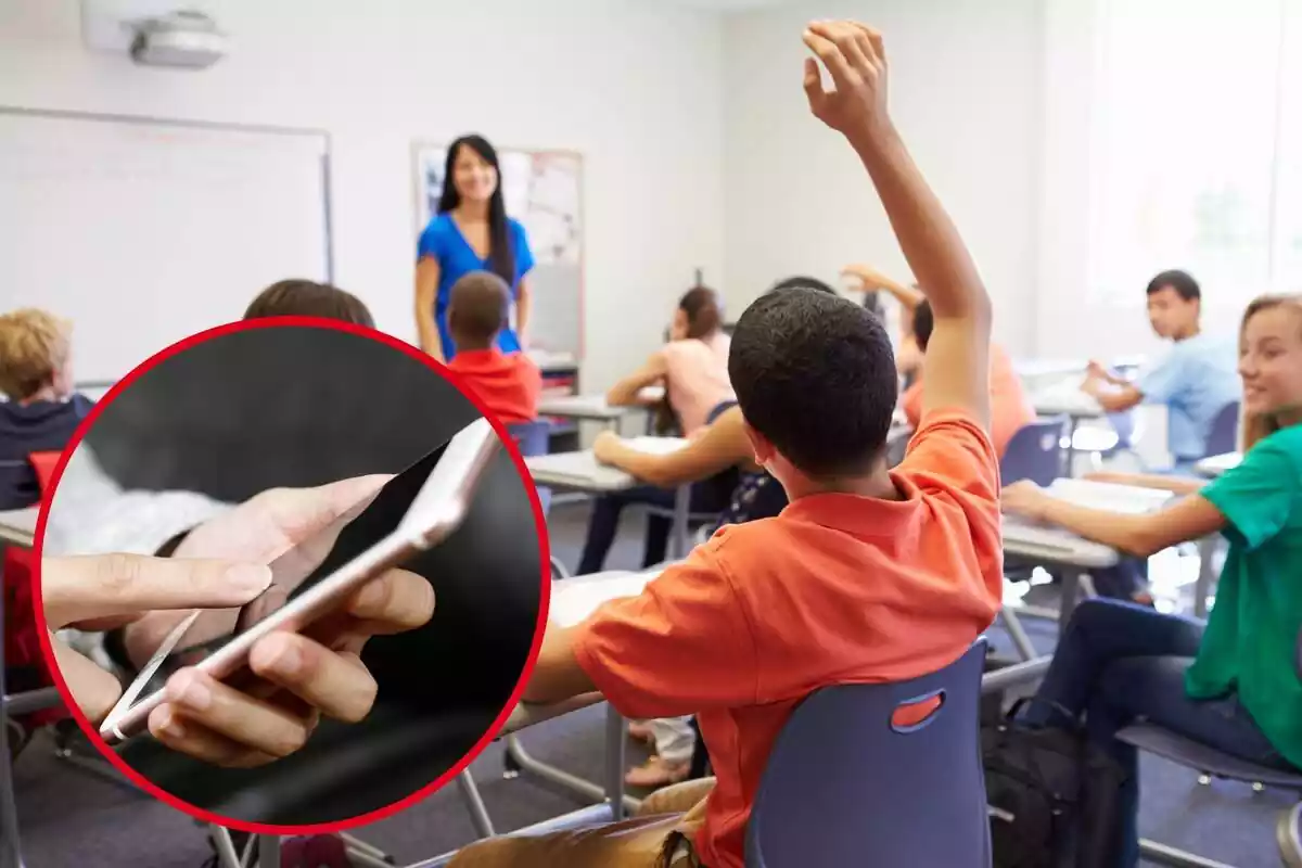 Muntatge amb un nen aixecant la mà en una classe d'institut i un cercle amb unes mans fent servir un mòbil