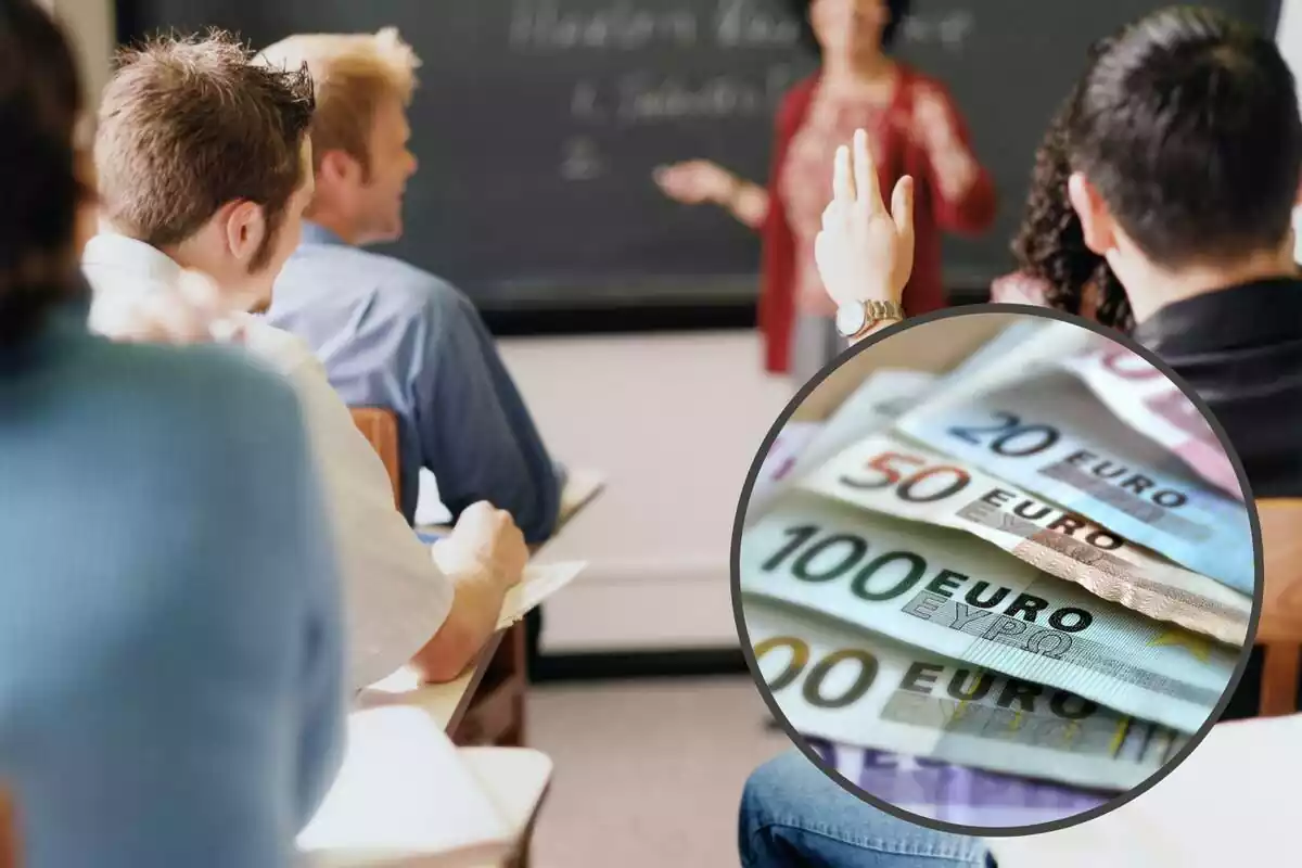 Muntatge amb classe d'estudiants universitaris d'esquena i un cercle amb bitllets d'euro