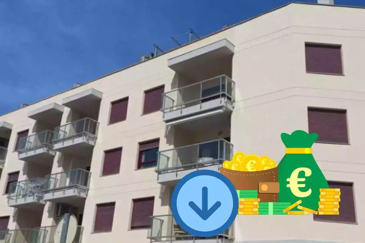 Muntatge d'un bloc de pisos, euros i una fletxa cap avall