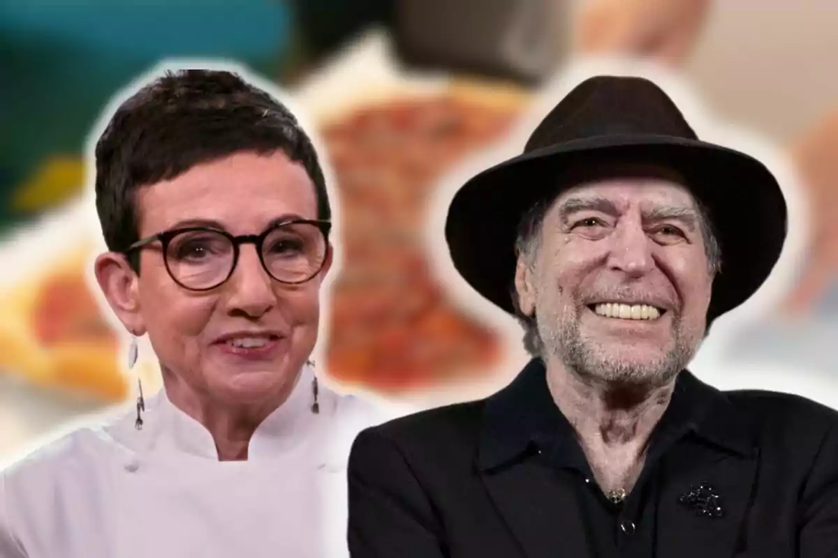 Carme Ruscalleda i Joaquín Sabina somrients, una amb ulleres i jaqueta blanca i una altra amb barret negre, amb un fons desenfocat.