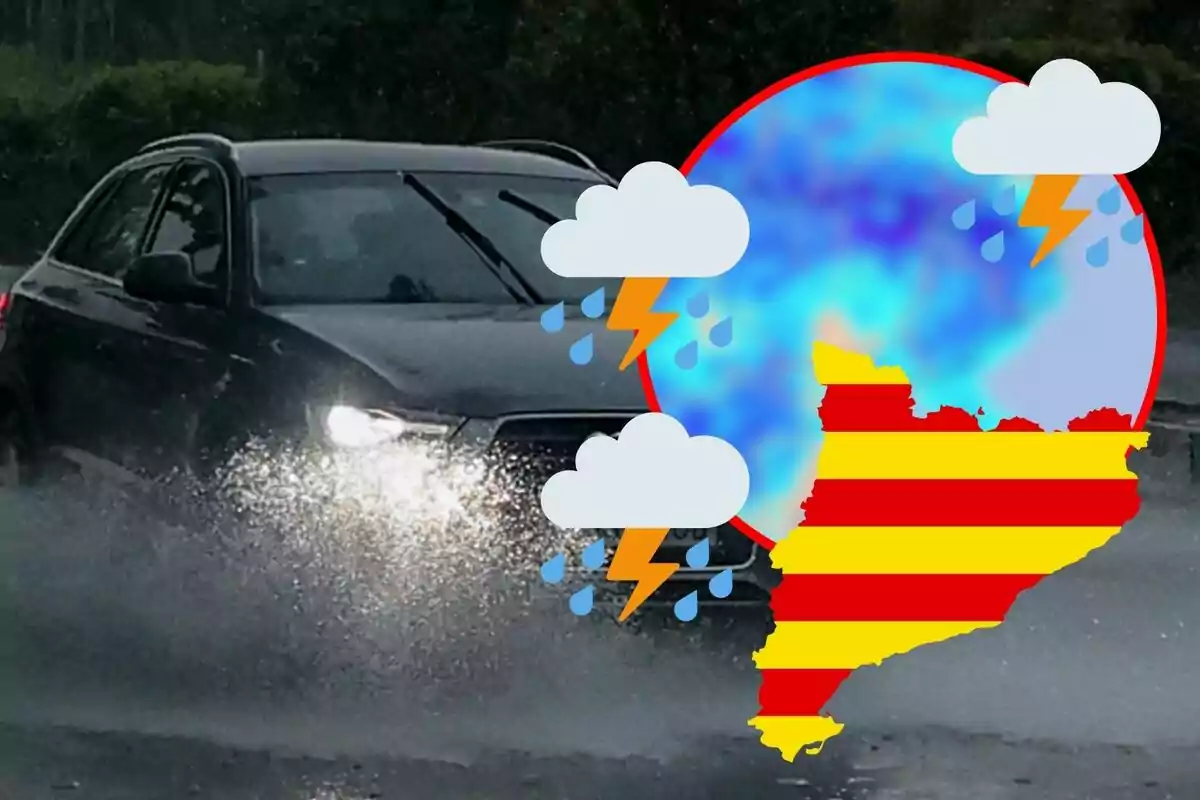 Un cotxe negre circulant per una carretera mullada amb un gràfic del temps mostrant tempestes sobre un mapa de Catalunya.