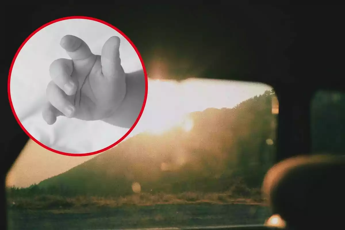 Una mà de nadó en blanc i negre dins d'un cercle vermell sobre una imatge d'un paisatge al capvespre vist des de l'interior d'un automòbil. Una mà de nadó en blanc i negre dins d'un cercle vermell sobre una imatge d'un paisatge al capvespre vist des de l'interior d'un automòbil.
