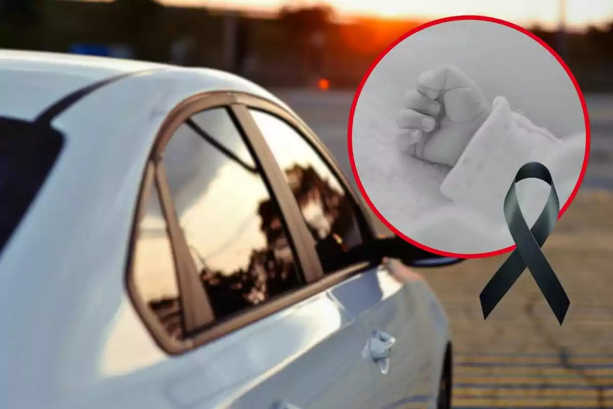 Un cotxe blanc estacionat amb un reflex del capvespre a la finestra i un cercle vermell que conté la imatge en blanc i negre de la mà d'un nadó al costat d'un llaç negre.