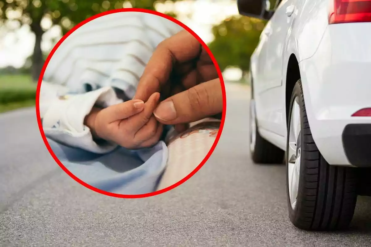 Un cotxe blanc estacionat en una carretera amb un cercle vermell que mostra una mà adulta sostenint la mà d'un nadó. Un cotxe blanc estacionat en una carretera amb un cercle vermell que mostra una mà adulta sostenint la mà d'un nadó.