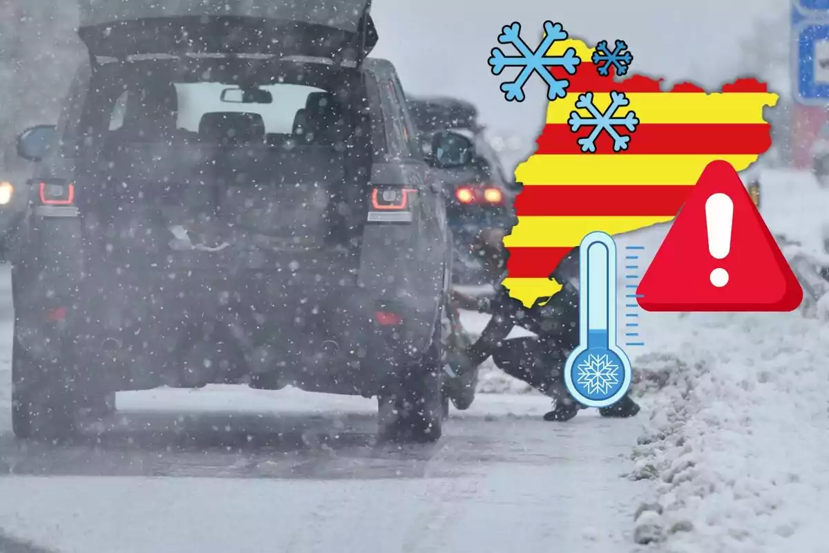 Un cotxe detingut en una carretera nevada amb una persona col·locant cadenes a les rodes i gràfics superposats d'advertència de fred i neu.