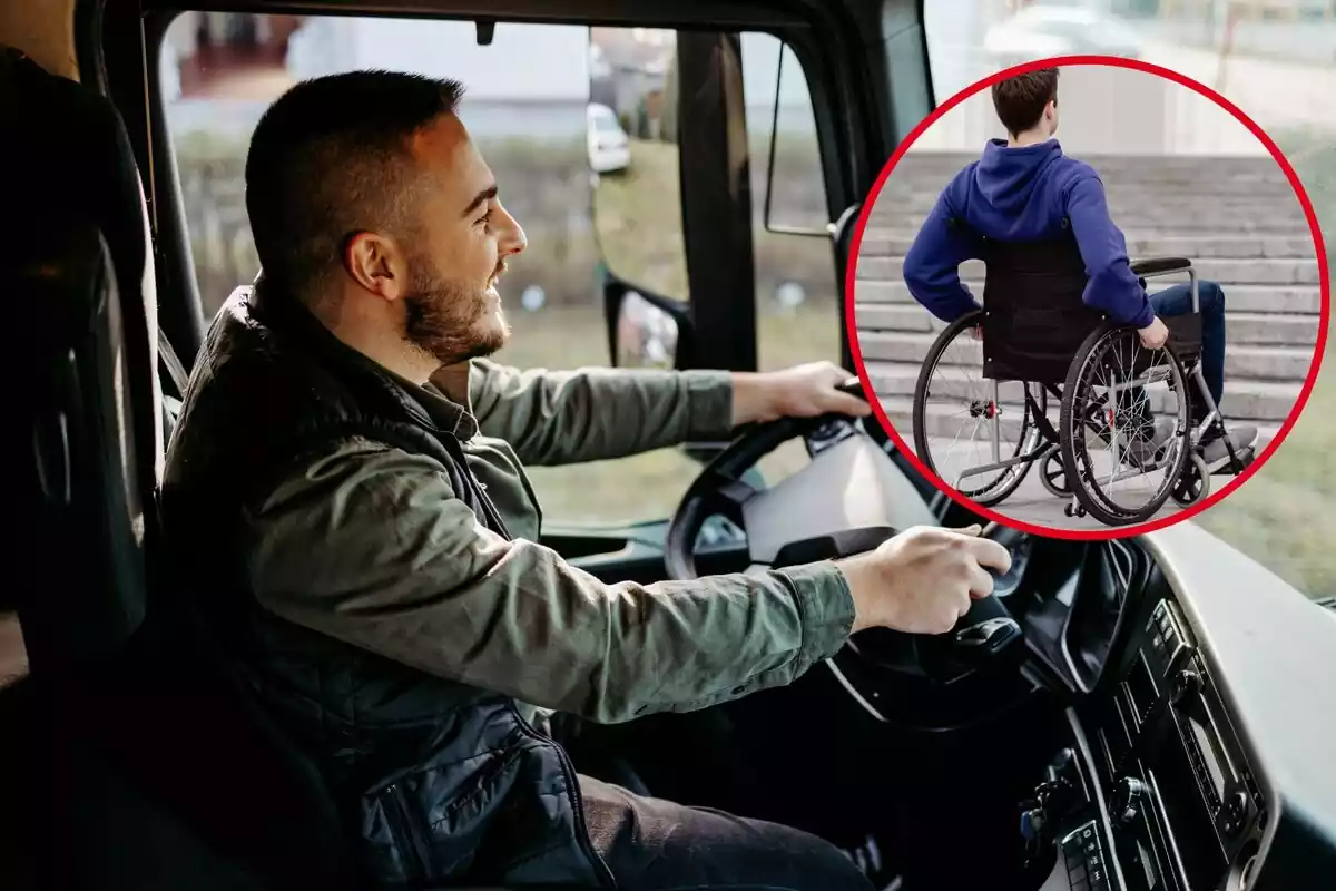 Un home condueix un vehicle, i al cercle, un jove en cadira de rodes