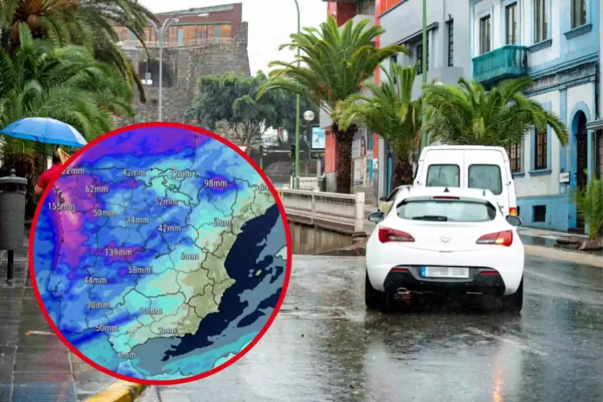Muntatge amb un cotxe circulant en ple temporal de pluja i un cercle amb el mapa de precipitació acumulada prevista per dimecres, 1 de novembre