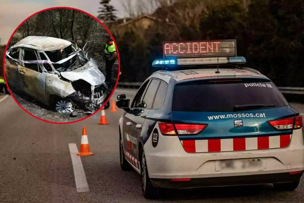 Un cotxe de policia dels Mossos d'Esquadra està estacionat a una carretera amb cons de trànsit, mentre que en un requadre es mostra un cotxe greument danyat i cremat, amb agents inspeccionant l'escena de l'accident.