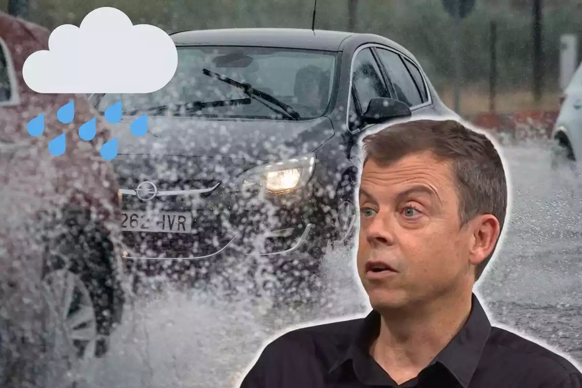 Montaje de un coche salpicando agua a su paso, Francesc Mauri hablando con una camisa negra y un icono de una nube y lluvia