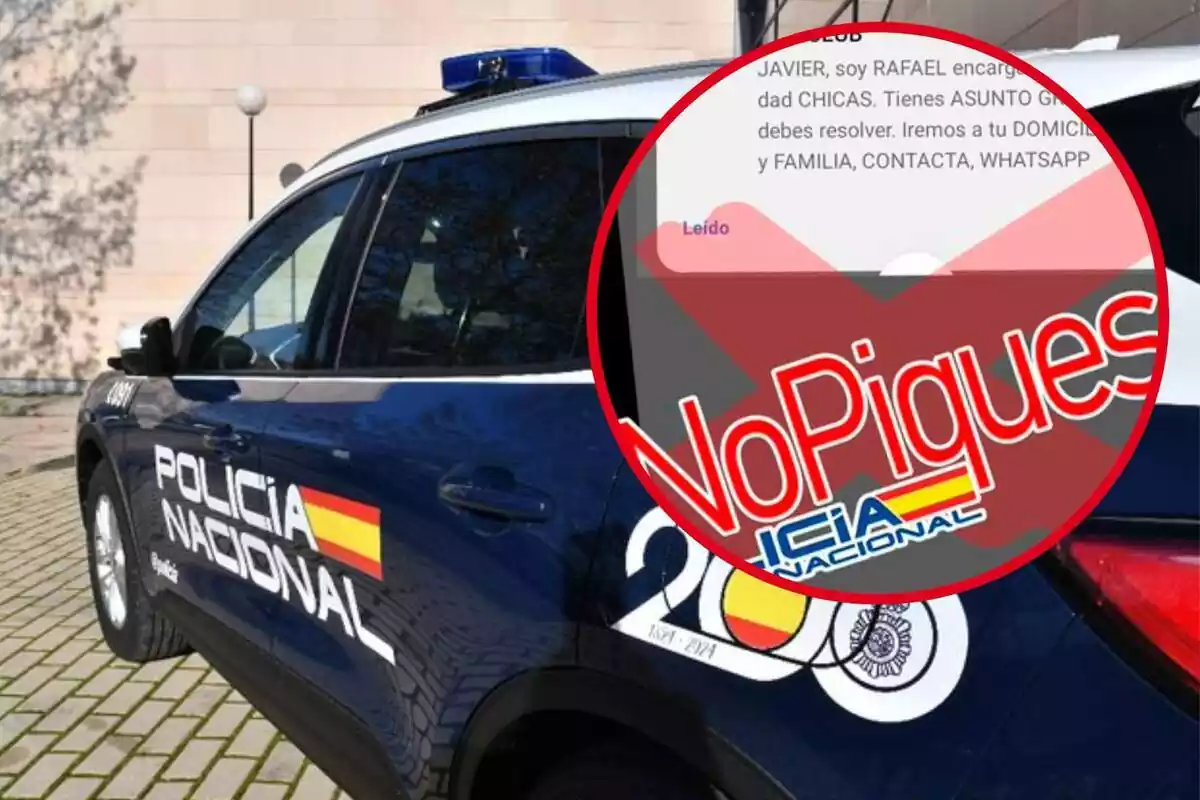 Muntatge amb un cotxe de la Policia Nacional i un cercle amb l'estafa que denuncia el mateix cos de seguretat