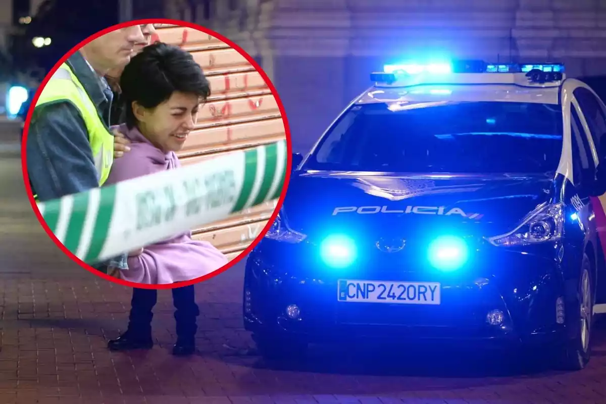 Muntatge amb un cotxe de la Policia Nacional amb els llums encesos i un cercle on apareix Rosario Porto, detinguda per presumpte assassinat de la seva filla Asunta