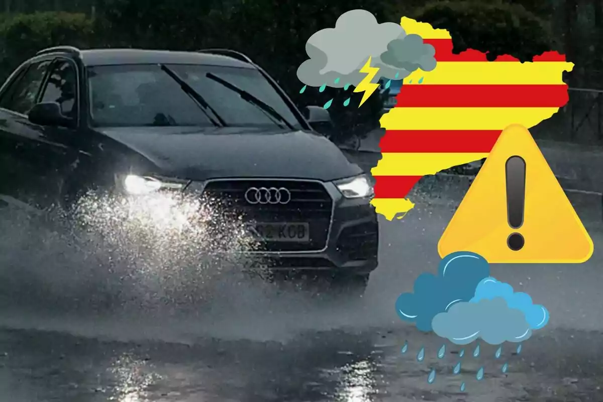 Un cotxe Audi circula per una carretera inundada sota una forta pluja, amb símbols d?advertiment meteorològic i un mapa de Catalunya al fons.