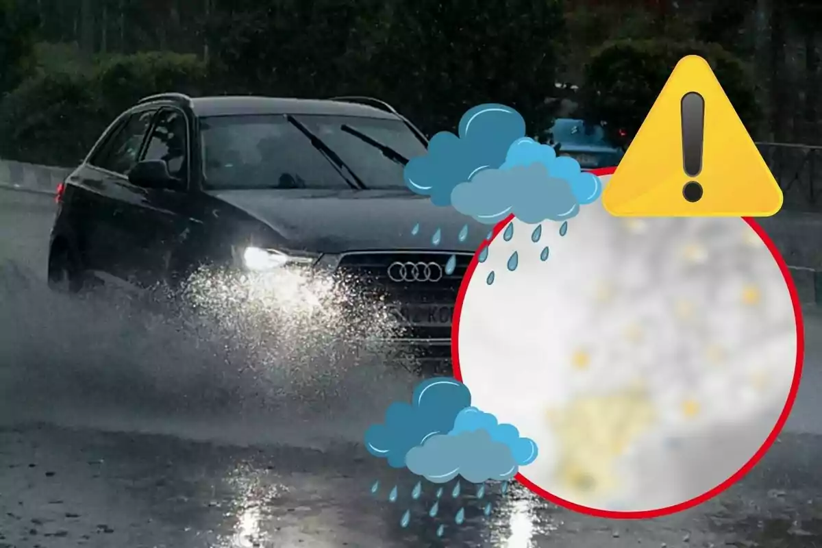 Un cotxe Audi circulant per una carretera mullada sota la pluja amb una icona d'advertència i núvols de pluja superposats.