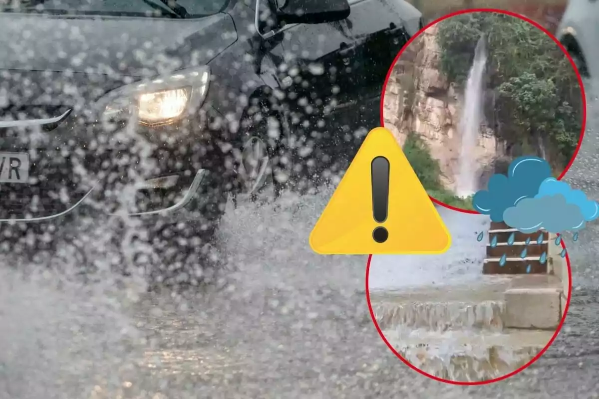 Imagen de un coche conduciendo bajo la lluvia con un símbolo de advertencia y dos imágenes insertadas que muestran una cascada y una escalera con agua corriendo.