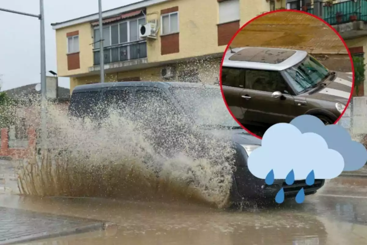 Muntatge d'un cotxe esquitxant aigua del terra, un altre cotxe ple de pols i un núvol amb gotes d'aigua