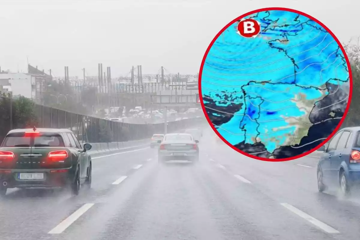 Muntatge amb diversos cotxes circulant sota la pluja a Madrid i un cercle amb el mapa radar d'Espanya