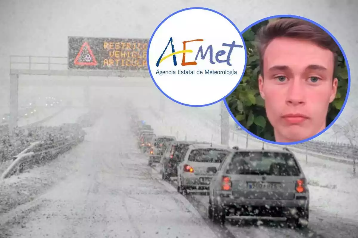 Muntatge amb una carretera plena de cotxes a ple temporal de neu i dos cercles amb la cara de Jorge Rey i el logo de l'AEMET