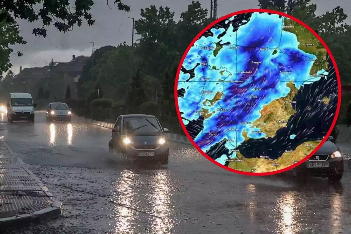 Muntatge amb diversos cotxes conduint mentre plou i un cercle amb un mapa radar d'Espanya