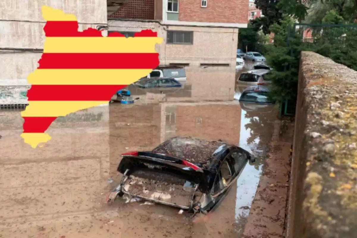 Muntatge de cotxes sota l'aigua per una inundació i la silueta de Catalunya amb la bandera
