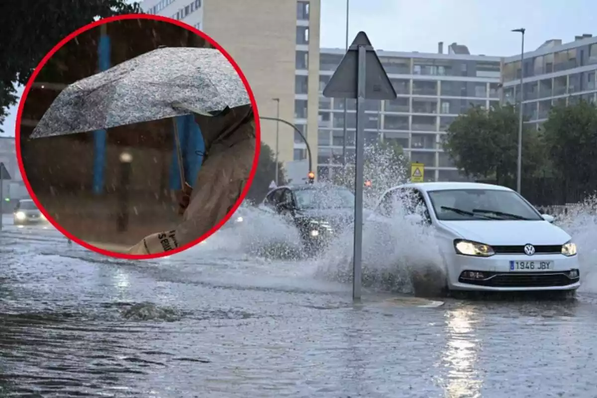 Muntatge amb diversos cotxes circulant per un carrer inundat en ple temporal de pluja i un cercle amb una persona subjectant un paraigua