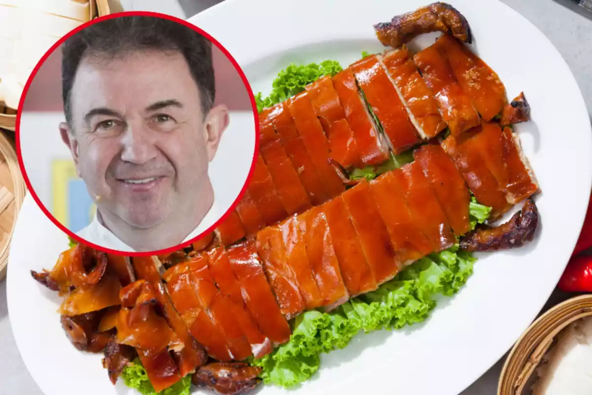 Muntatge amb un porc rostit emplatat i un cercle amb la cara del cuiner Martín Berasategui