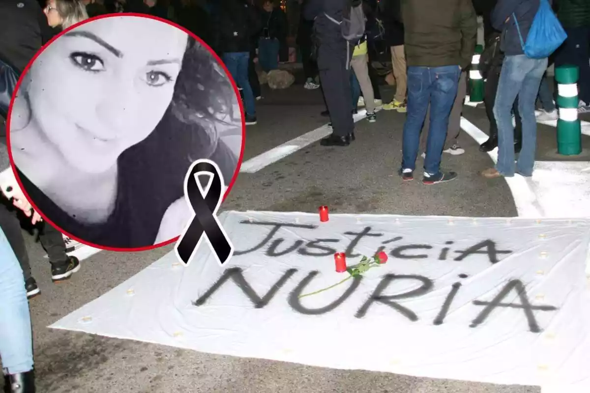 Muntatge de la imatge de la cuinera assassinada a la presó de Tarragona i una pancarta clamant justícia per la seva mort