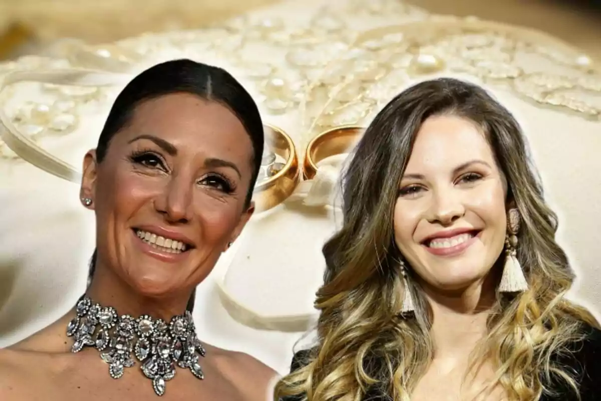 Nagore Robles i Jessica Bé somrients posen davant d'un fons d'anells de casament daurats i encaix blanc.