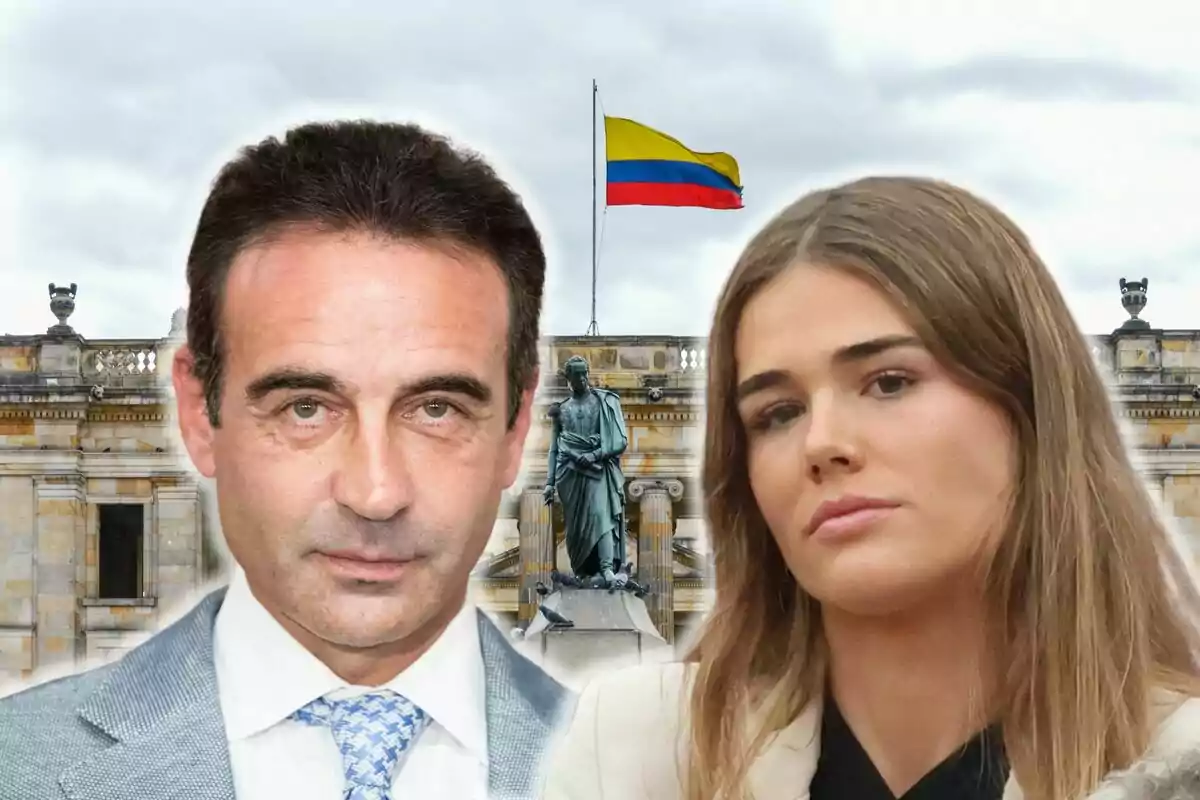 Enrique Ponce i Ana Soria en primer pla amb un edifici històric i una bandera de Colòmbia al fons.